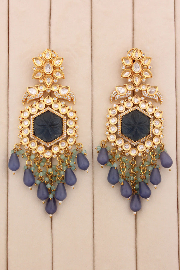 Long Kundan Earrings With American Diamonds And Blue Pearls (EK001B-Kundan)
