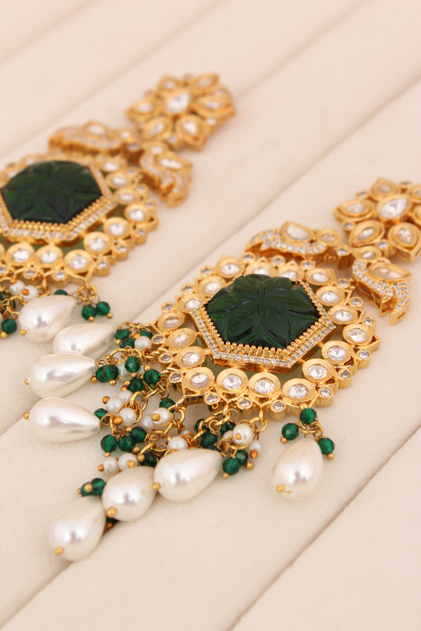 Long Kundan Earrings With American Diamonds And White Pearls (EK001G-Kundan)