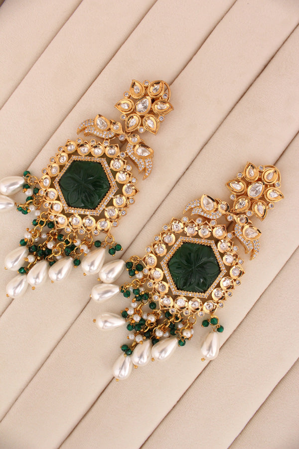 Long Kundan Earrings With American Diamonds And White Pearls (EK001G-Kundan)