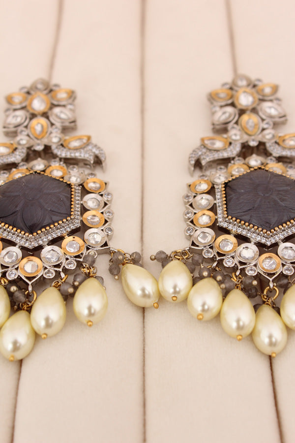 Long Kundan Earrings With American Diamonds And Silver White Pearls (EK001GY-Kundan)