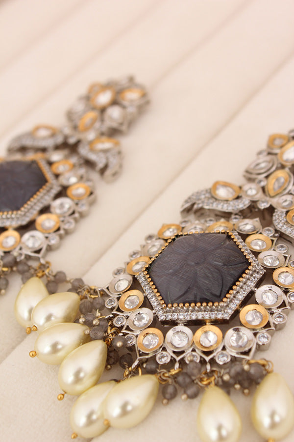 Long Kundan Earrings With American Diamonds And Silver White Pearls (EK001GY-Kundan)