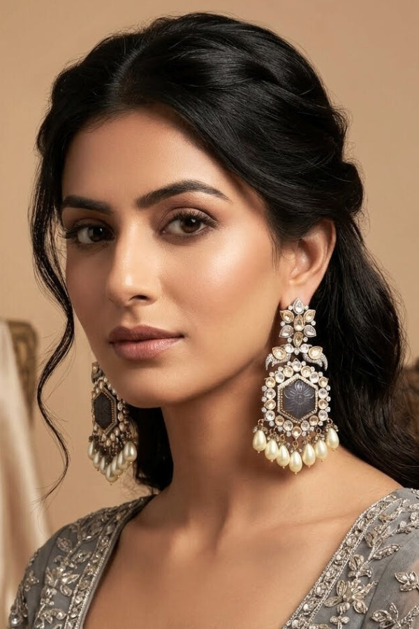 Long Kundan Earrings With American Diamonds And Silver White Pearls (EK001GY-Kundan)