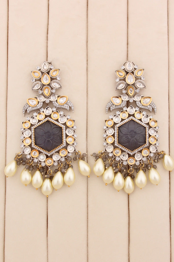 Long Kundan Earrings With American Diamonds And Silver White Pearls (EK001GY-Kundan)