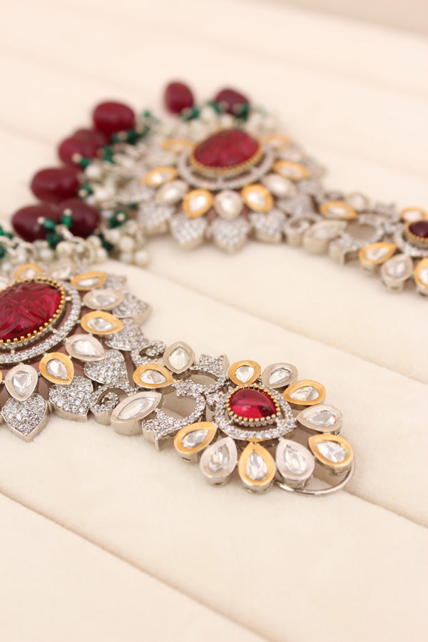 Long Kundan Earrings With Maroon Colour Pearls And American Diamonds (EK003-Kundan)
