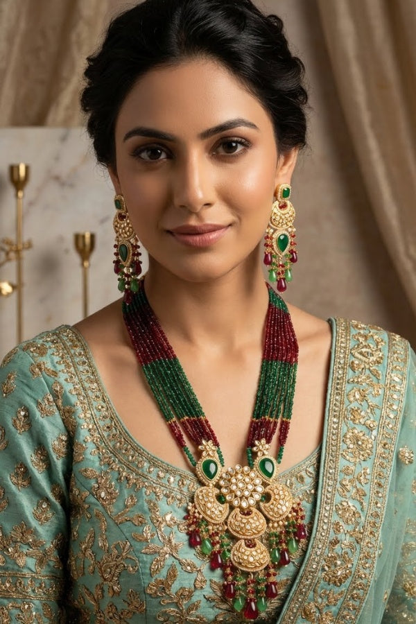 Long Kundan Necklace Set Composed With Crystal Beads And Large Center Design With Matching Long Earrings (LKN001G-Kundan)