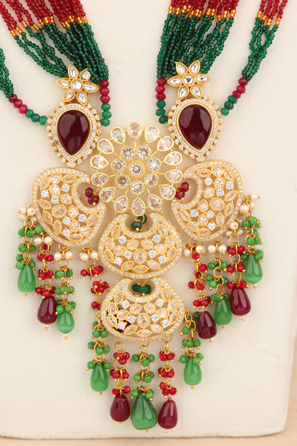 Long Kundan Necklace Set Composed With Crystal Beads And Large Center Design With Matching Long Earrings (LKN001M-Kundan)