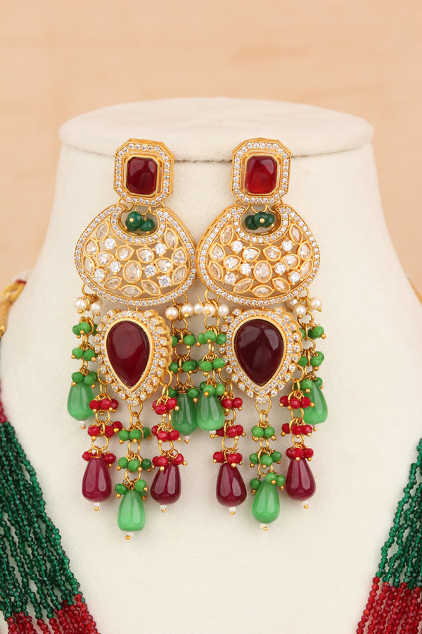 Long Kundan Necklace Set Composed With Crystal Beads And Large Center Design With Matching Long Earrings (LKN001M-Kundan)