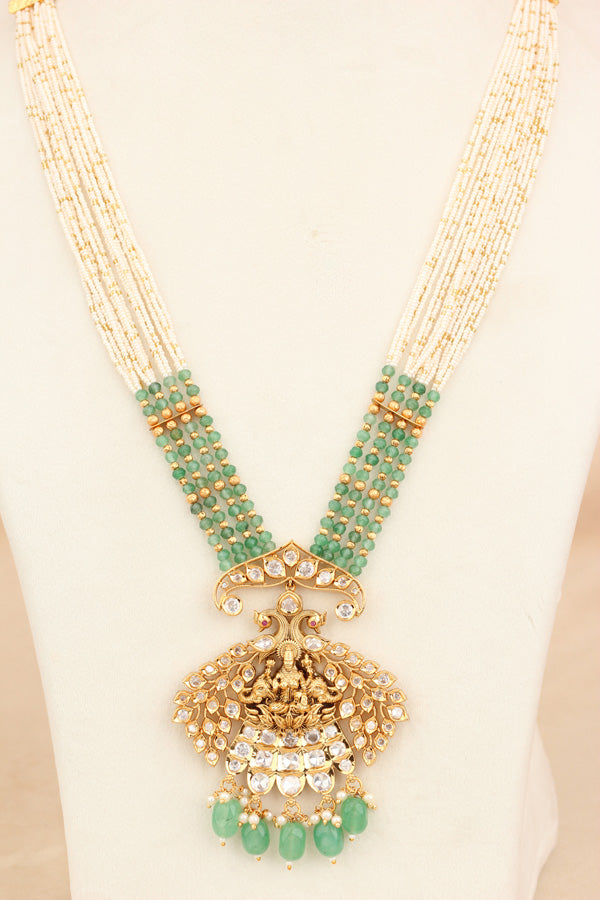 Maa Lakshmi Long Necklace Set With Light Green Pearls And Matching Earrings  (LKN009LG-Kundan)