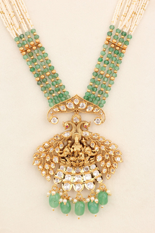 Maa Lakshmi Long Necklace Set With Light Green Pearls And Matching Earrings  (LKN009LG-Kundan)