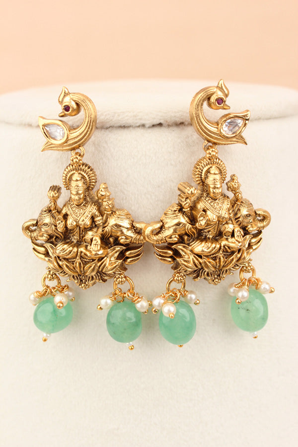 Maa Lakshmi Long Necklace Set With Light Green Pearls And Matching Earrings  (LKN009LG-Kundan)