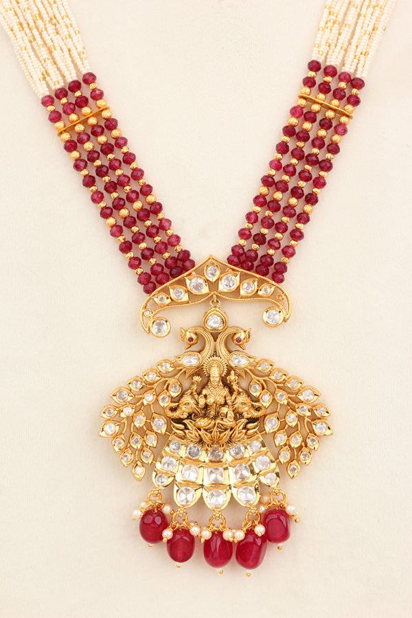 Maa Lakshmi Long Necklace Set With Red Pearls And Matching Earrings  (LKN009R-Kundan)