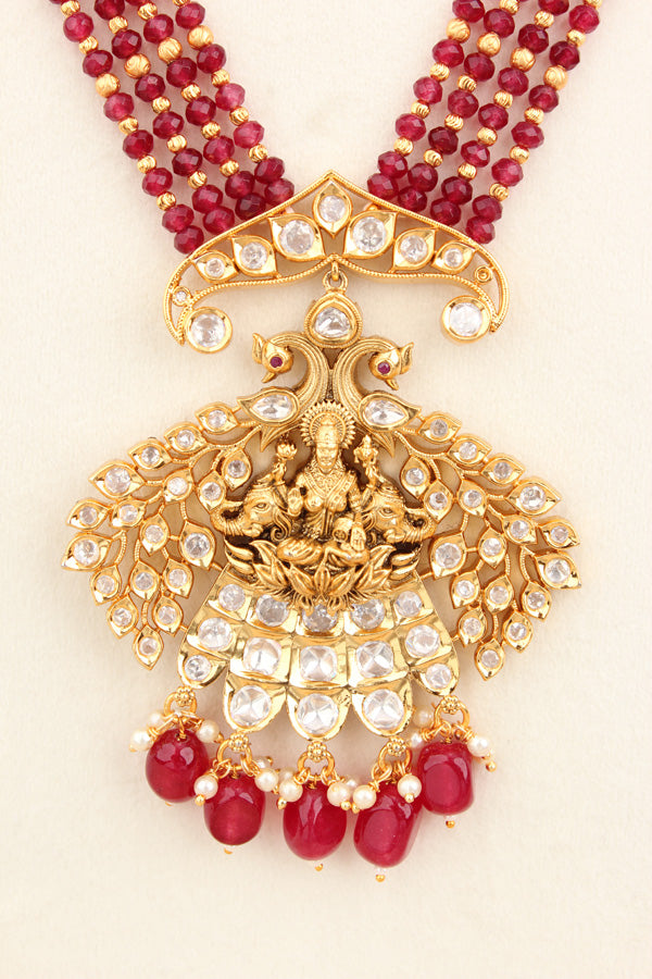 Maa Lakshmi Long Necklace Set With Red Pearls And Matching Earrings  (LKN009R-Kundan)