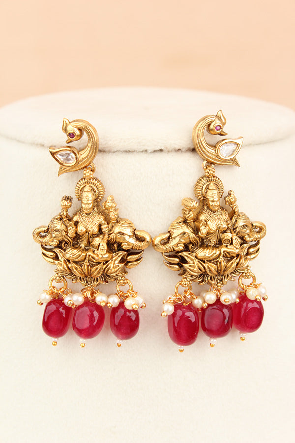 Maa Lakshmi Long Necklace Set With Red Pearls And Matching Earrings  (LKN009R-Kundan)