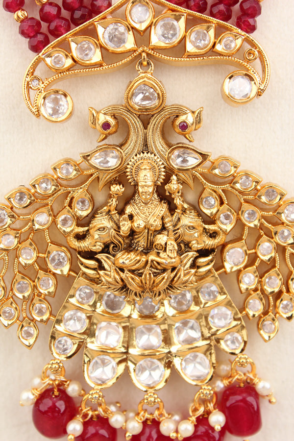 Maa Lakshmi Long Necklace Set With Red Pearls And Matching Earrings  (LKN009R-Kundan)