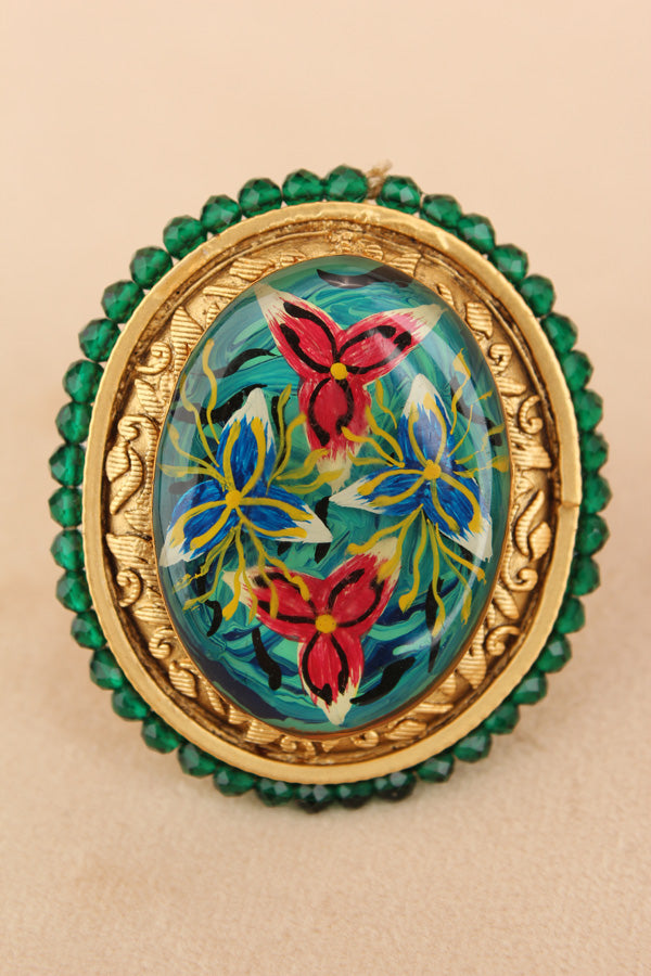 Meenakari Fashionable Adjustable Ring With Green Background (RF003-G)