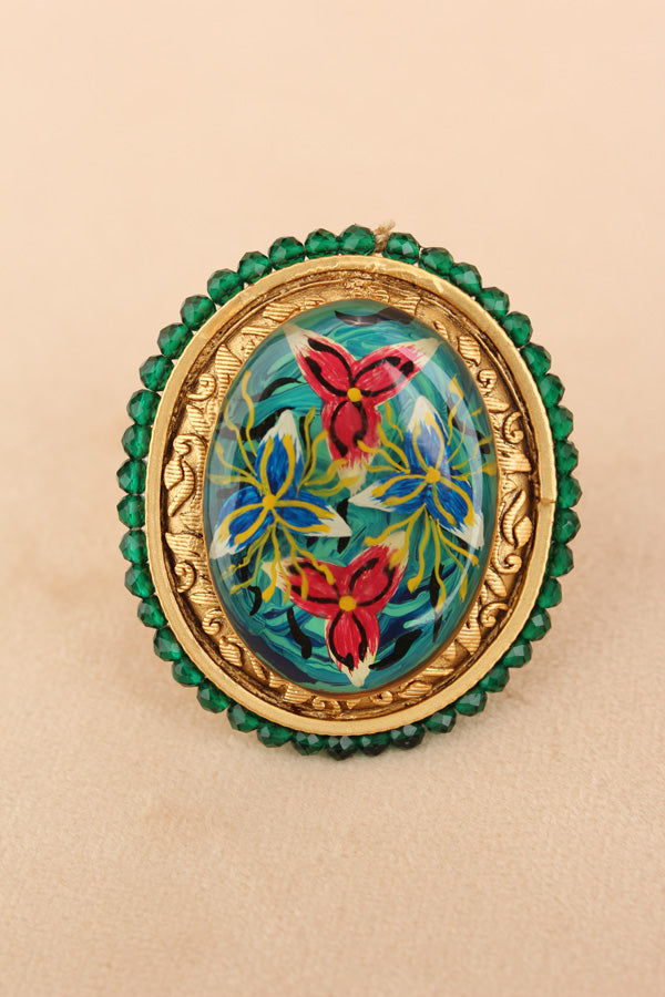 Meenakari Fashionable Adjustable Ring With Green Background (RF003-G)