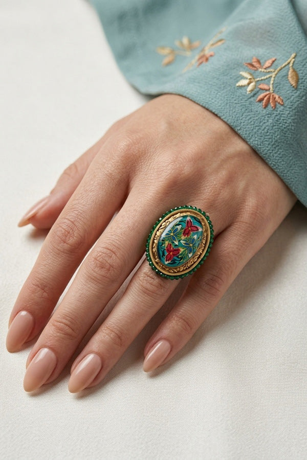 Meenakari Fashionable Adjustable Ring With Green Background (RF003-G)