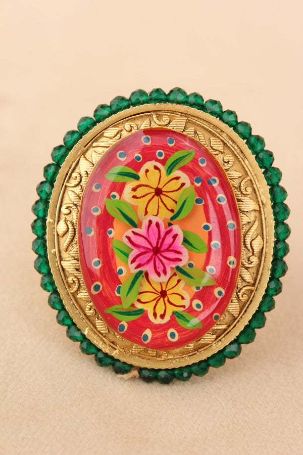 Meenakari Fashionable Adjustable Ring With Red Background (RF003-R)