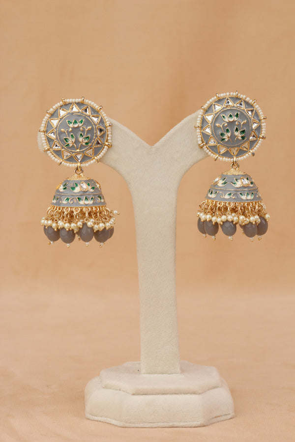 Meenakari Jhumka Earrings In Grey Colour And Matching Pearls Attached (JH005-GY-B1)