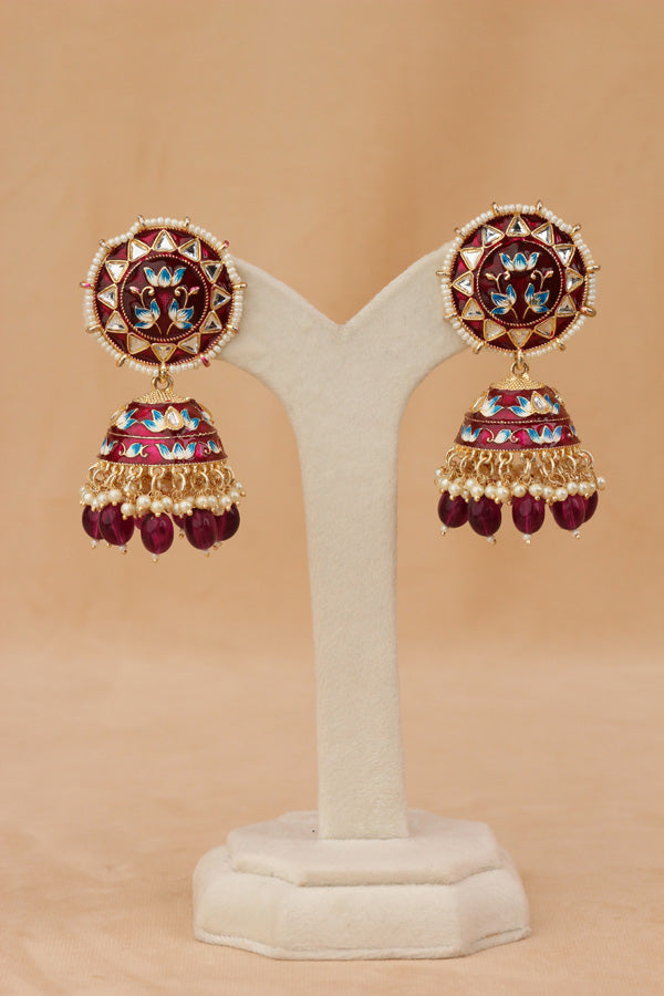 Meenakari Jhumka Earrings In Maroon Colour And Matching Pearls Attached (JH005-M-B1)