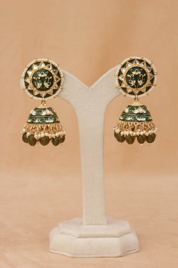 Meenakari Jhumka Earrings In Mehndi Green Colour And Matching Pearls Attached (JH005-ME-B1)