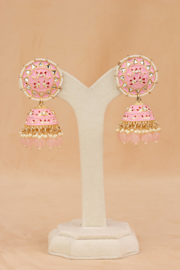 Meenakari Jhumka Earrings In Pink Colour And Matching Pearls Attached (JH005-P-B1)
