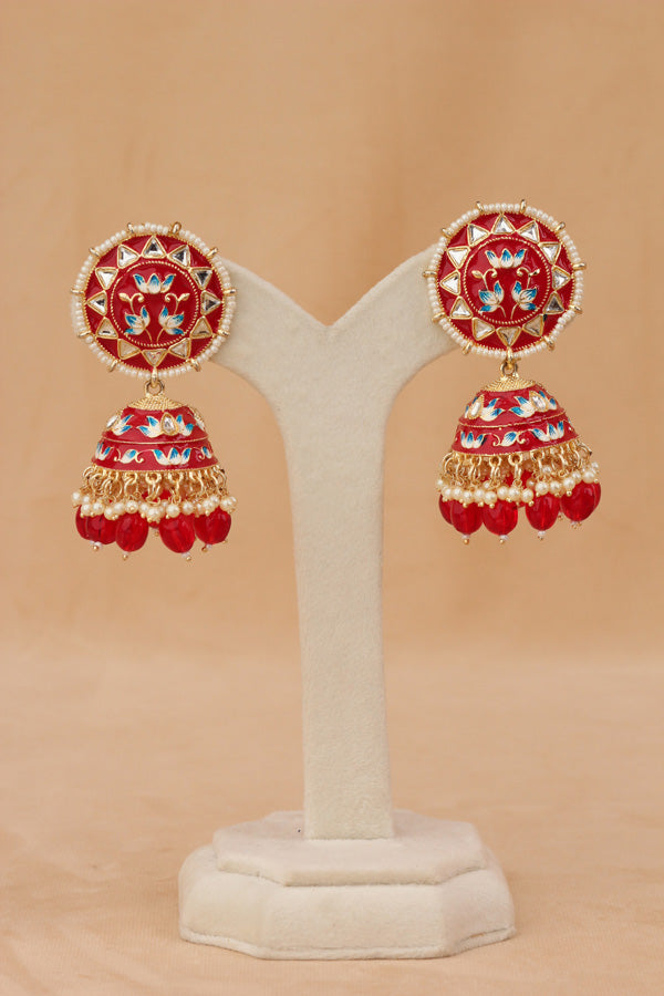 Meenakari Jhumka Earrings In Red Colour And Matching Pearls Attached (JH005-R-B1)
