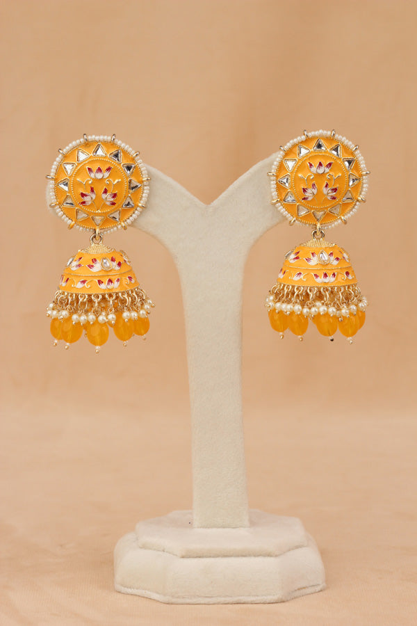 Meenakari Jhumka Earrings In Yellow Colour And Matching Pearls Attached (JH005-Y-B1)