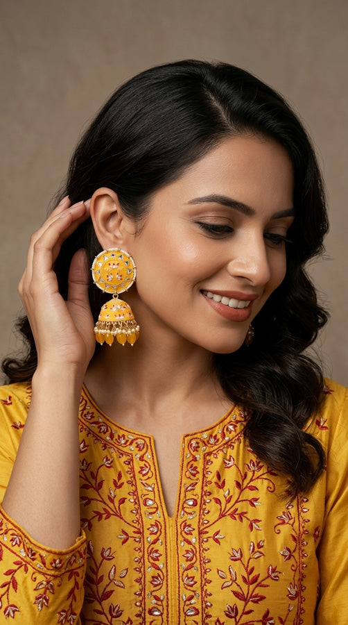 Meenakari Jhumka Earrings In Yellow Colour And Matching Pearls Attached
