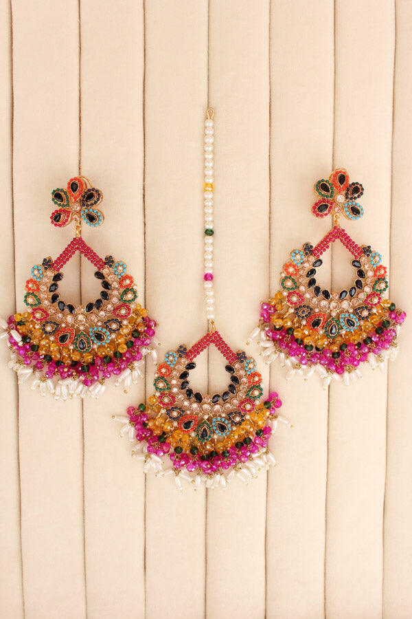 Multi Colour Pakistani Tikka Set With Black Colur Center Stone (PKTS003-BL)