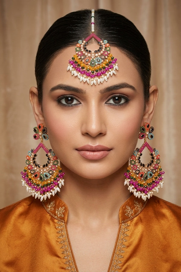 Multi Colour Pakistani Tikka Set With Black Colur Center Stone (PKTS003-BL)