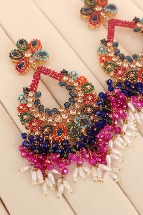 Multi Colour Pakistani Tikka Set With Blue Colur Center Stone (PKTS003-B)