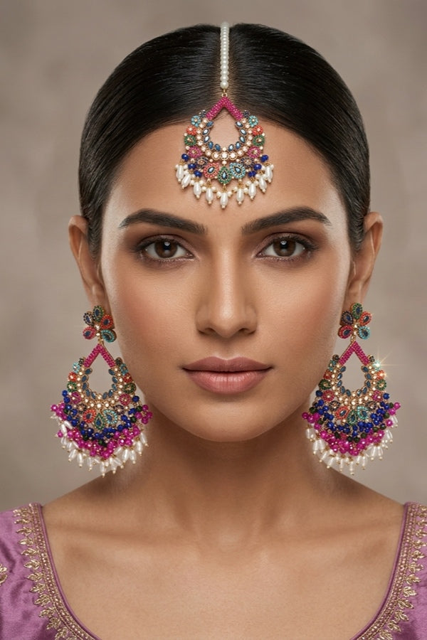 Multi Colour Pakistani Tikka Set With Blue Colur Center Stone (PKTS003-B)