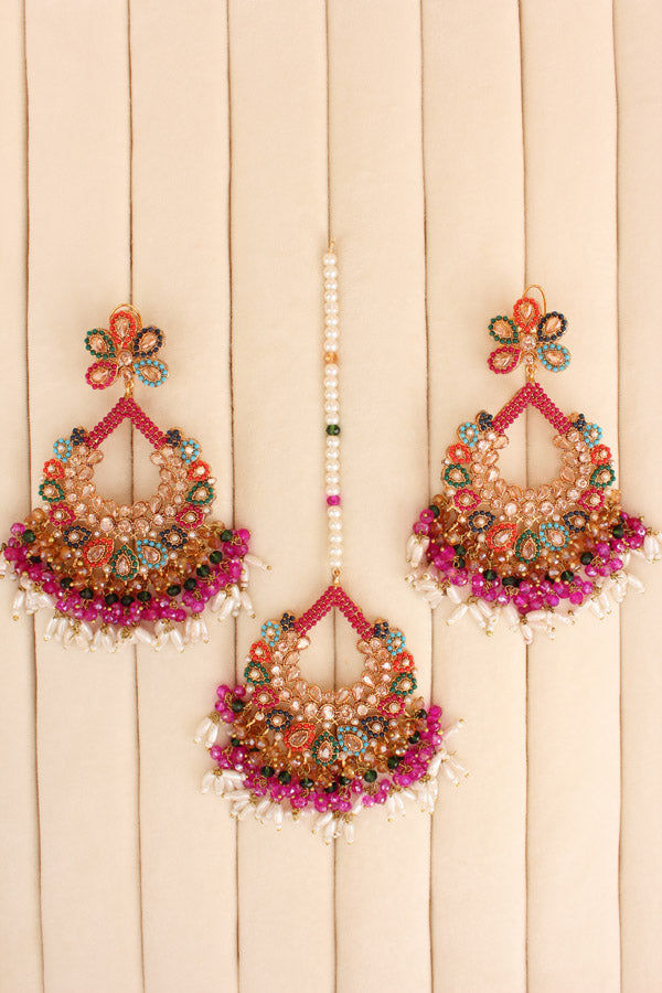 Multi Colour Pakistani Tikka Set With Gold Colur Center Stone (PKTS003-GO)