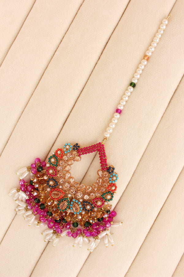 Multi Colour Pakistani Tikka Set With Gold Colur Center Stone (PKTS003-GO)