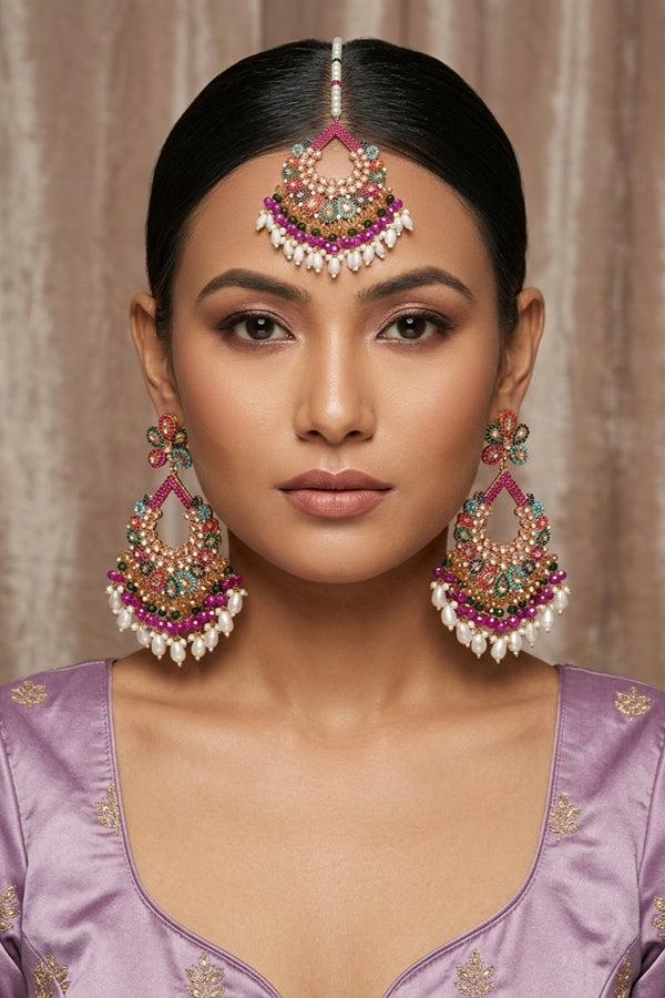 Multi Colour Pakistani Tikka Set With Gold Colur Center Stone (PKTS003-GO)