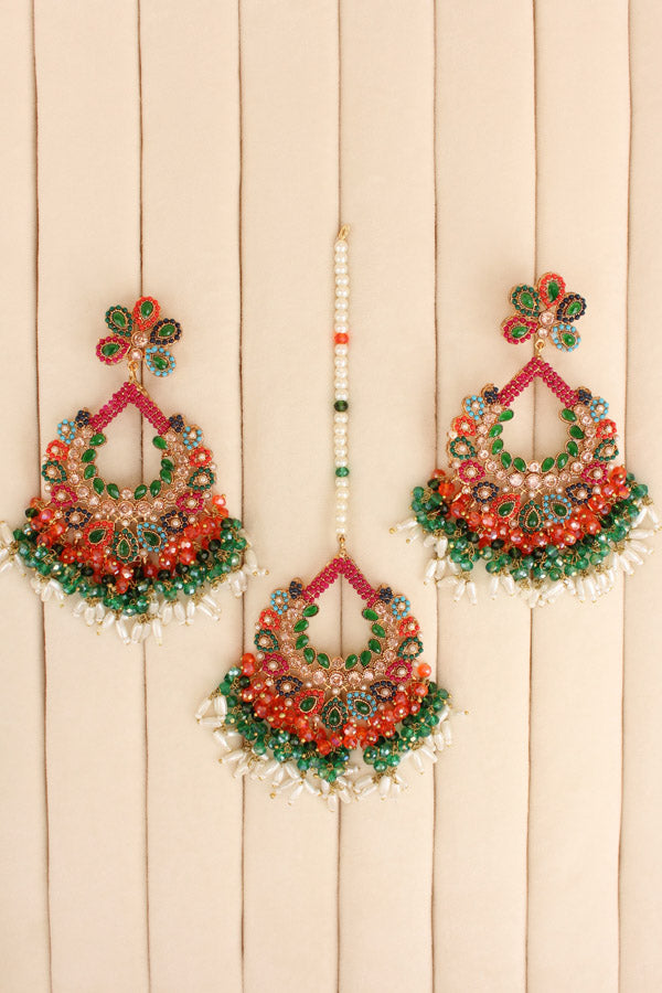 Multi Colour Pakistani Tikka Set With Green Colur Center Stone (PKTS003-G)