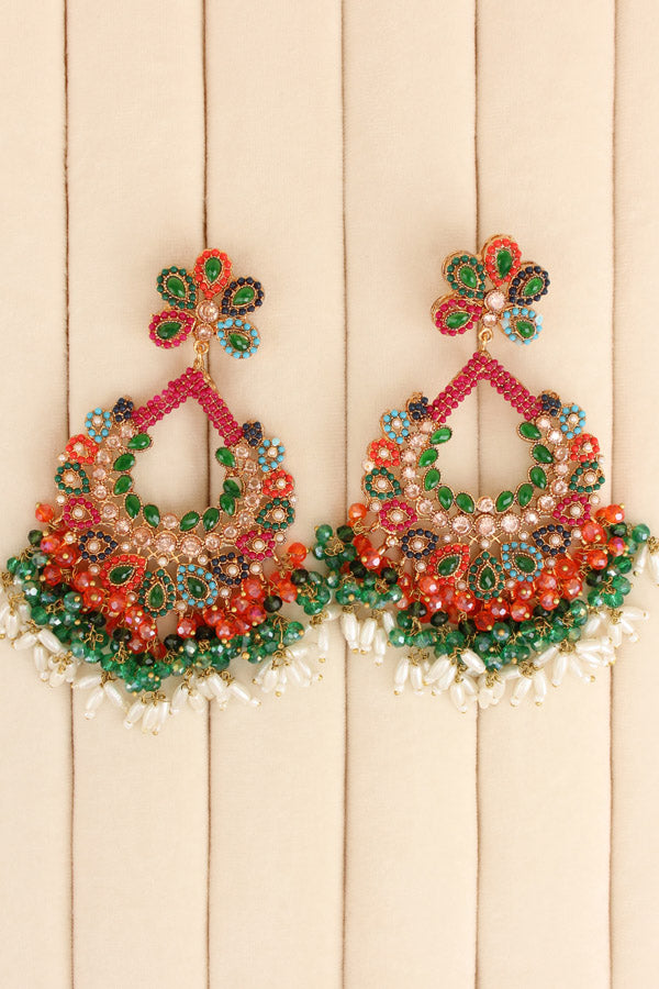 Multi Colour Pakistani Tikka Set With Green Colur Center Stone (PKTS003-G)