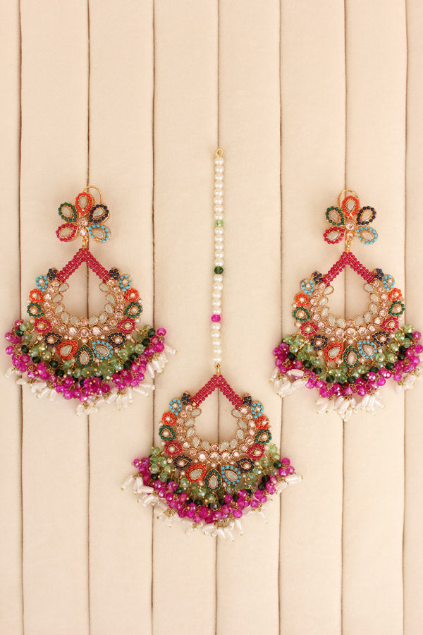Multi Colour Pakistani Tikka Set With Light Green Colur Center Stone (PKTS003-LG)