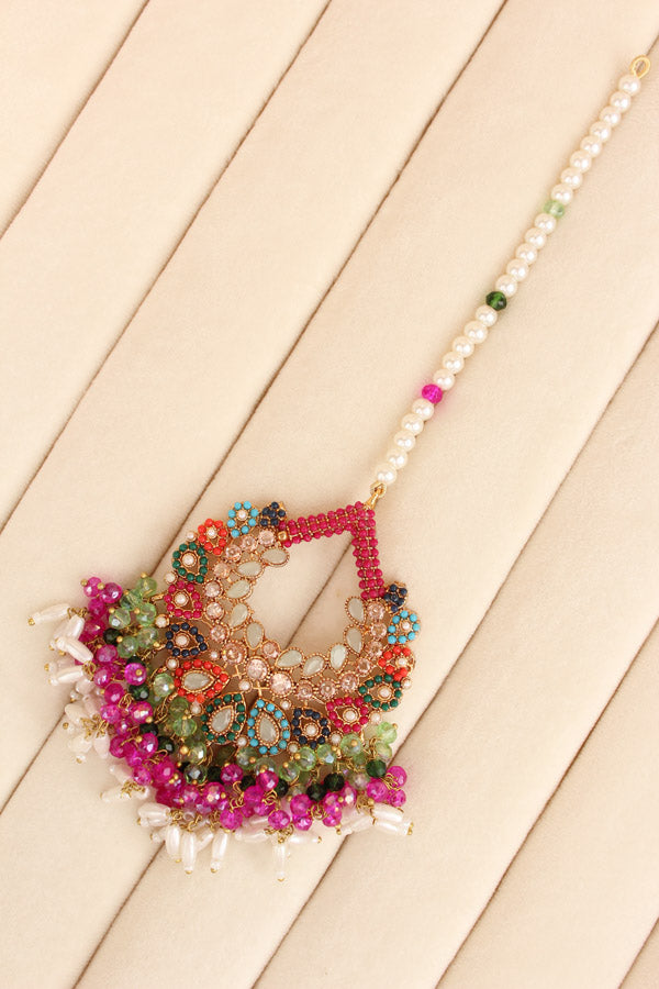Multi Colour Pakistani Tikka Set With Light Green Colur Center Stone (PKTS003-LG)