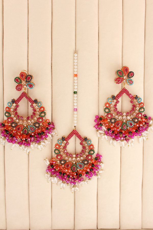Multi Colour Pakistani Tikka Set With Ruby Colur Center Stone (PKTS003-RU)