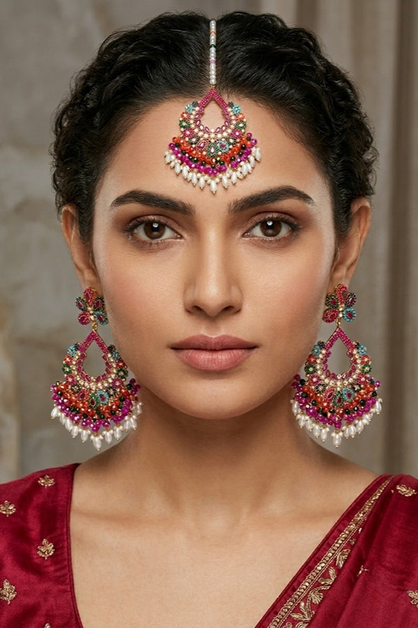 Multi Colour Pakistani Tikka Set With Ruby Colur Center Stone (PKTS003-RU)