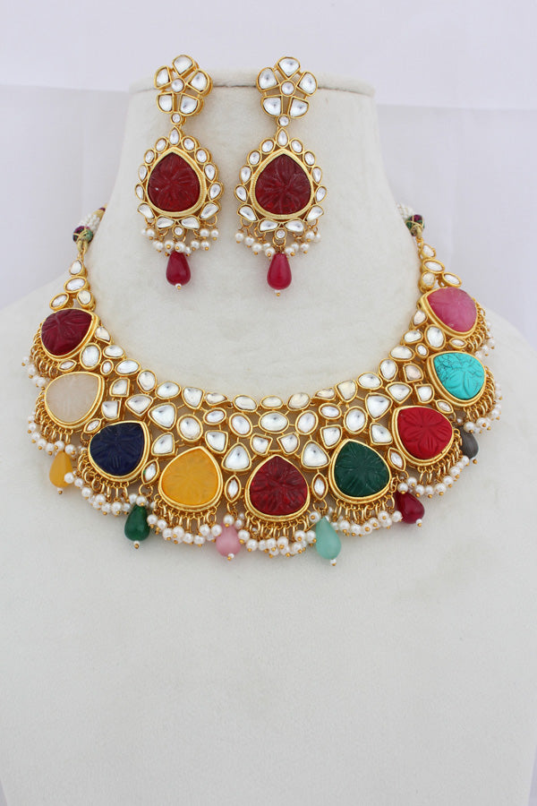 Multi Kundan Necklace Set With Matching Earrings(IGNK008)