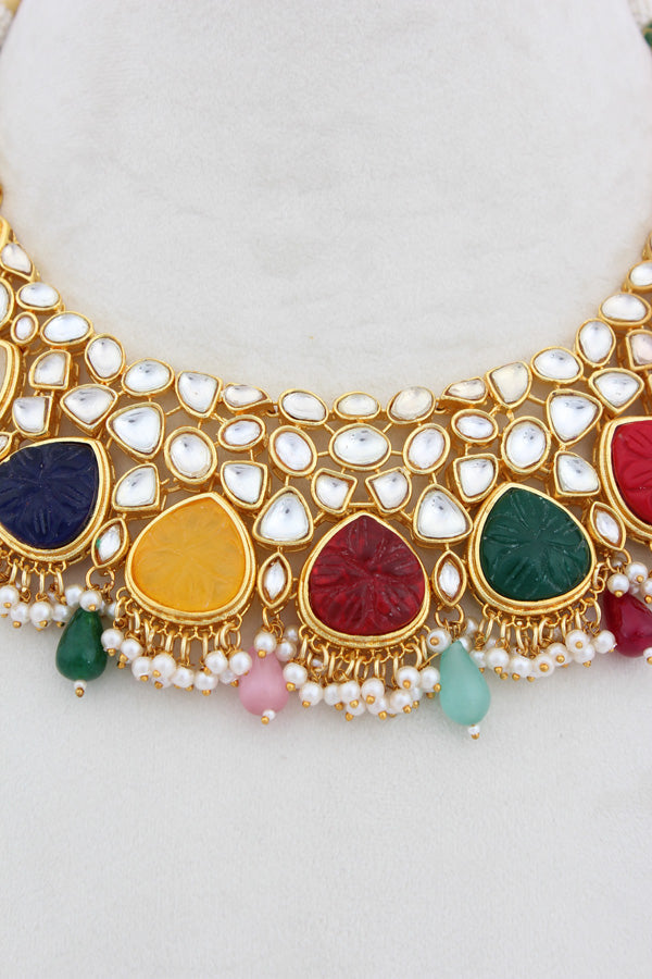 Multi Kundan Necklace Set With Matching Earrings(IGNK008)