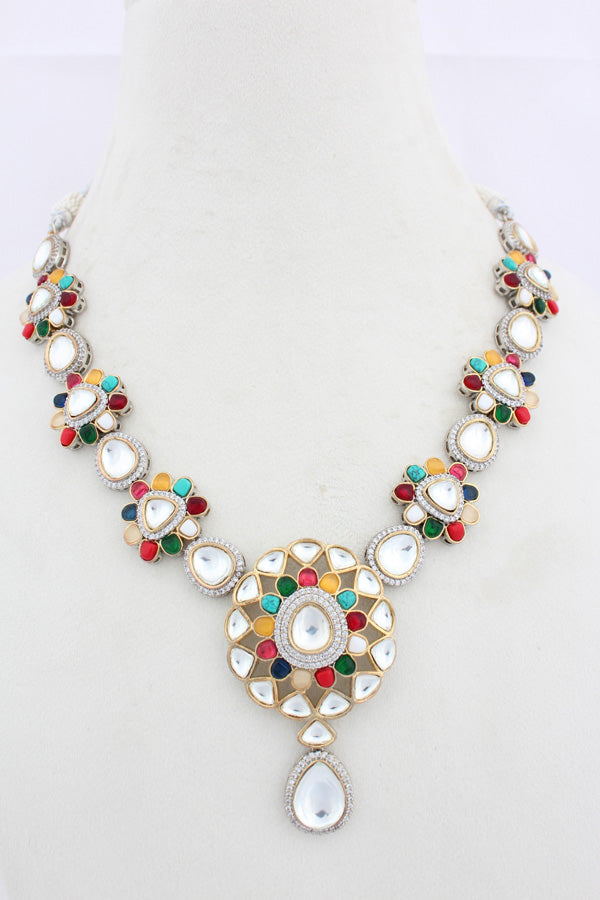 Multi Kundan Necklace With Pendant Also Matching Tikka And Earrings(IGNK009)