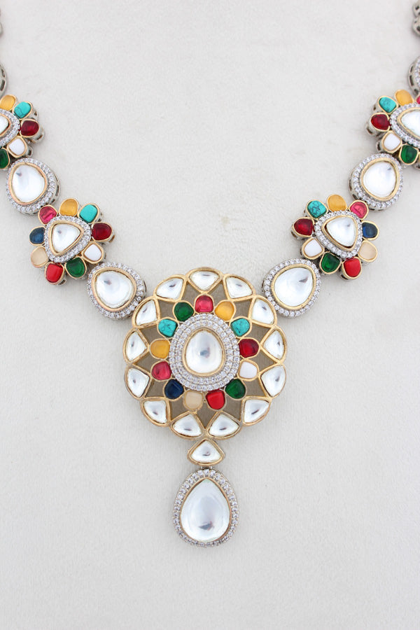 Multi Kundan Necklace With Pendant Also Matching Tikka And Earrings(IGNK009)