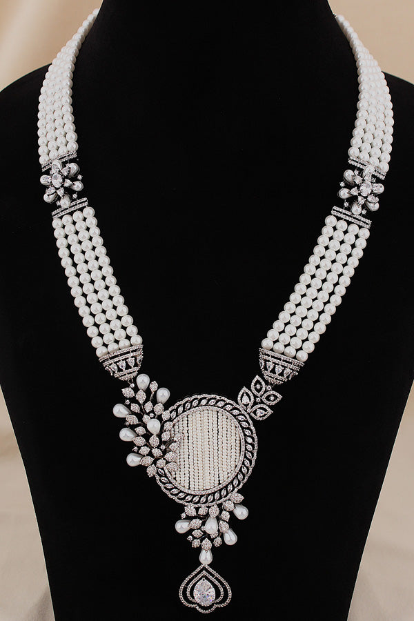  Multi Layered Pearl Statement Mala Necklace Set With A Sparkling Centerpiece And Matching Large Earrings In Black Polish (MA001-BL)