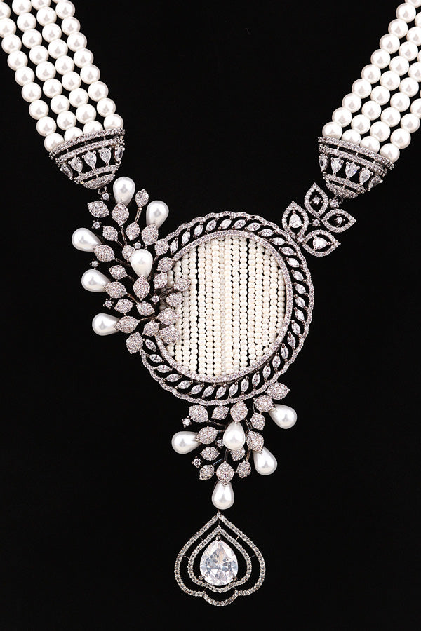  Multi Layered Pearl Statement Mala Necklace Set With A Sparkling Centerpiece And Matching Large Earrings In Black Polish (MA001-BL)
