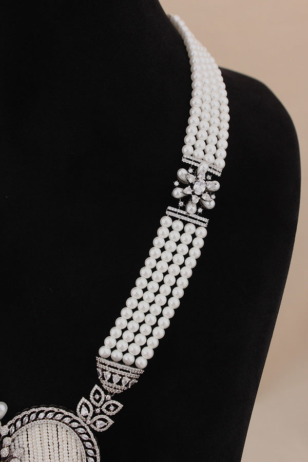  Multi Layered Pearl Statement Mala Necklace Set With A Sparkling Centerpiece And Matching Large Earrings In Black Polish (MA001-BL)