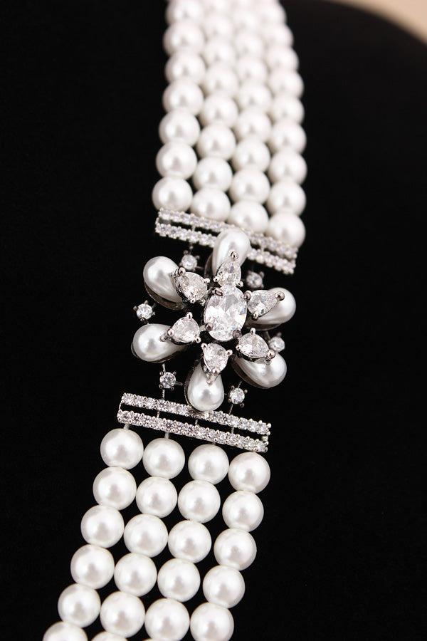  Multi Layered Pearl Statement Mala Necklace Set With A Sparkling Centerpiece And Matching Large Earrings In Black Polish (MA001-BL)